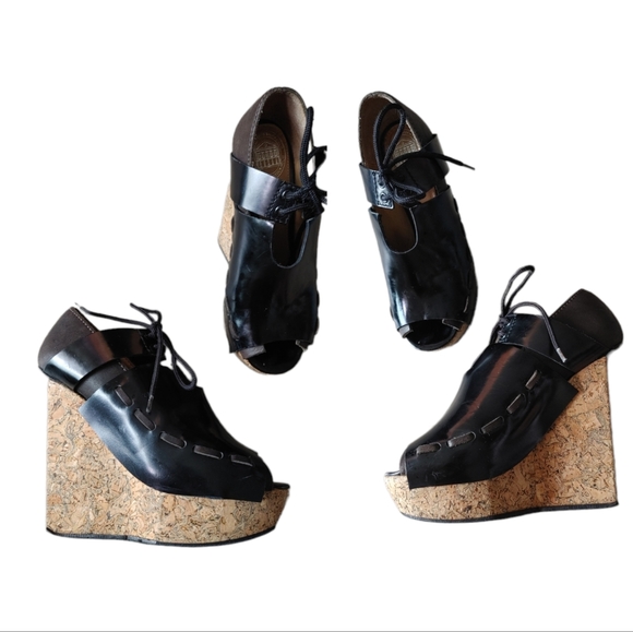 Acne Studios Black Brown Leather Wedge Cork Open Toe Heels - Picture 15 of 17